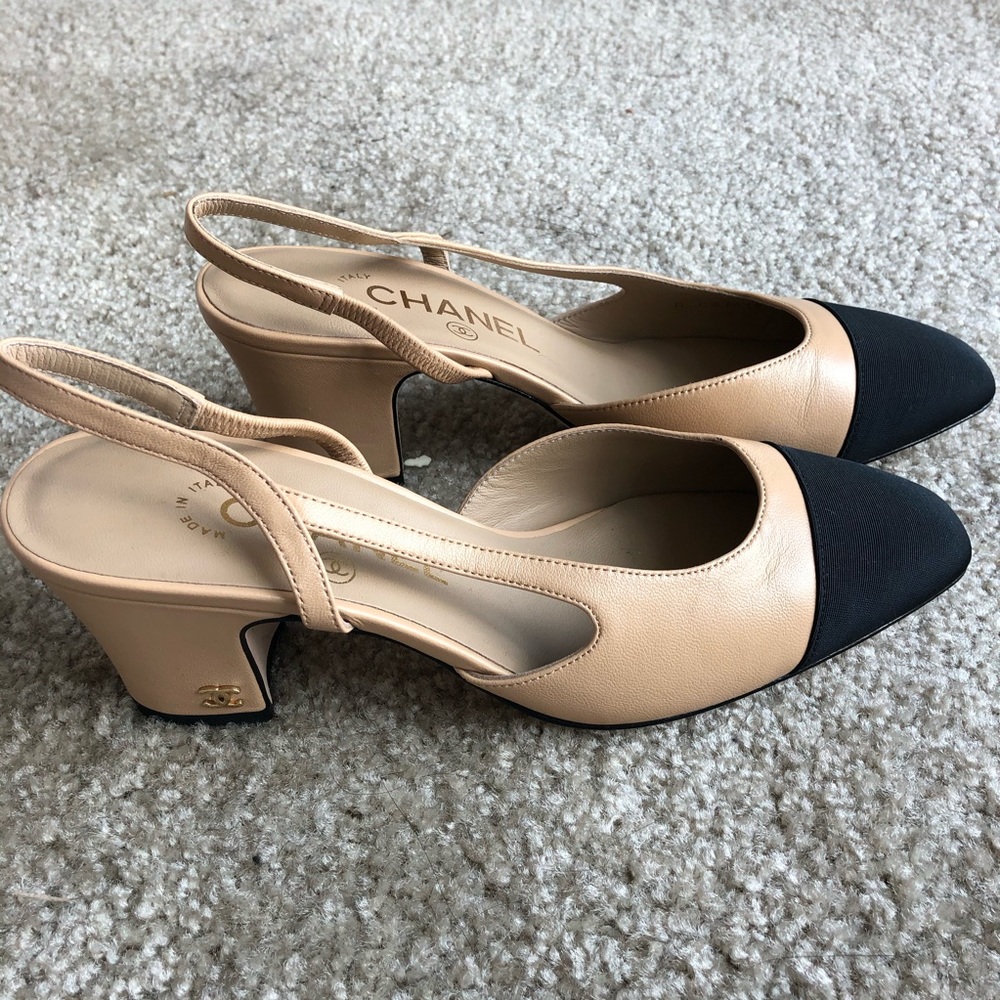 Chanel Beige Black Slingback Heels Pumps